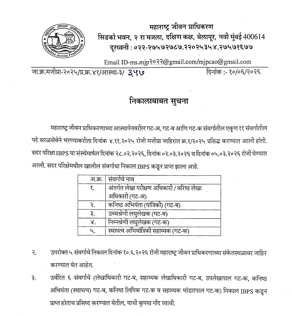 MJP JE Result 2026 Out at mjp.maharashtra.gov.in, Check Merit List PDF Here 7 MJP JE Result 2026
