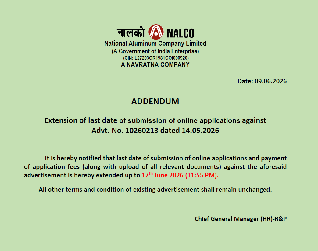 NALCO Recruitment 2026 Out, Last Date Extended To Apply Online for 268 Non-Executive Posts 7 Govt. Job Notification