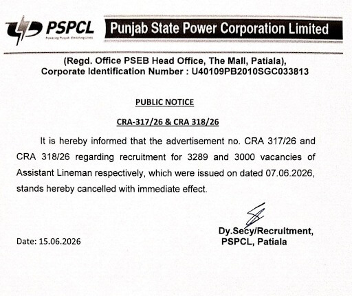 PSPCL Canceled ALM Recruitment 2026 for 6,289 Posts, Check Official Notice 7 Latest Posts