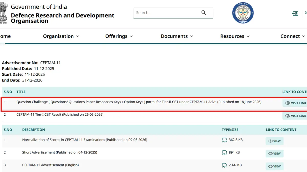 DRDO CEPTAM 11 Tier 2 Answer Key 2026
