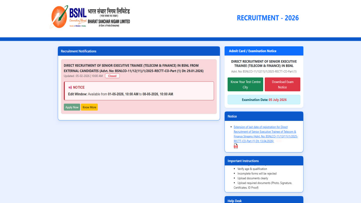 BSNL SET Exam City Intimation Slip 2026