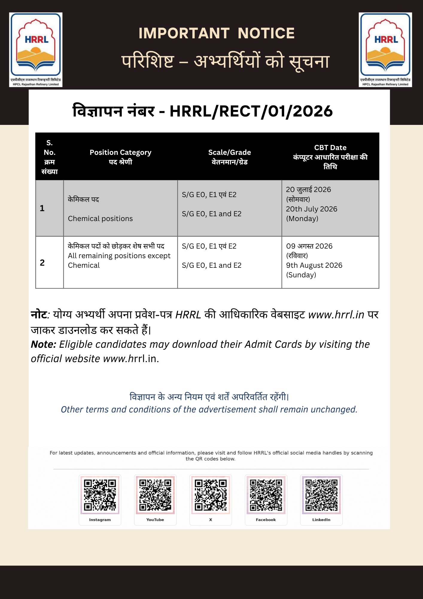 HRRL Official Exam Date Notice