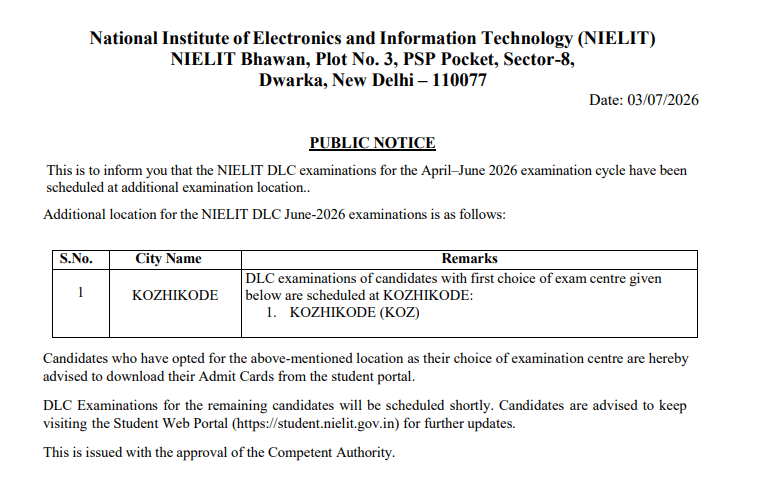 NIELIT DLC Admit Card 2026 Out, Check Exam Centre & Hall Ticket Link Here 7 Admit Card