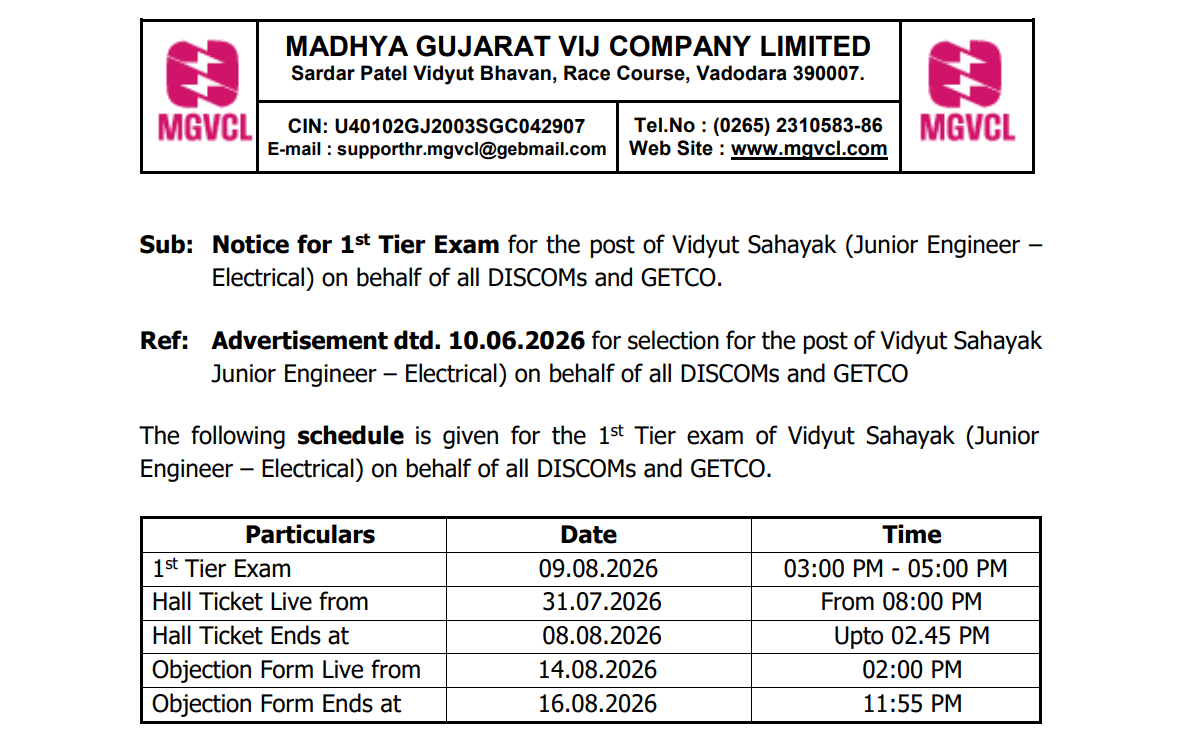 MGVCL JE Exam Date 2026 Out, Check Official Notice, Exam Date & Timing Here 7 MGVCL JE Exam Date