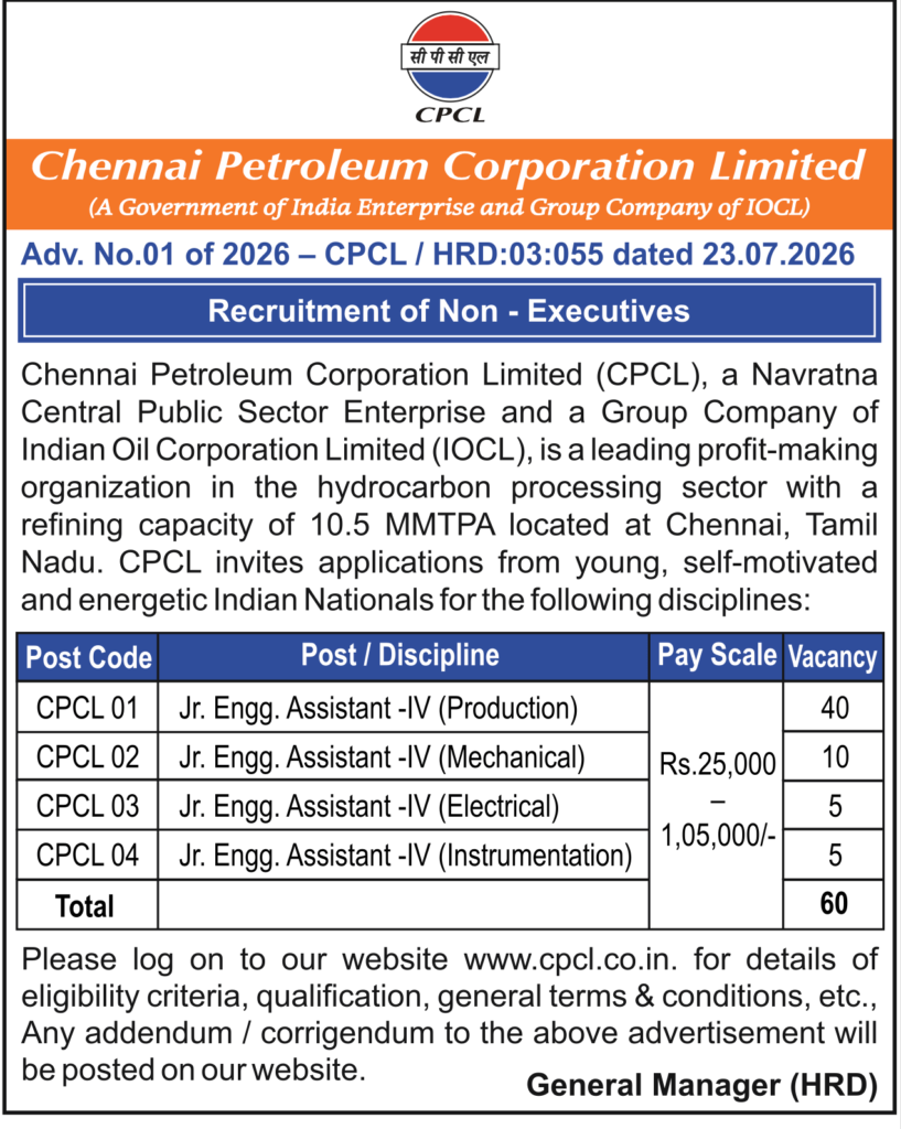 CPCL Junior Engineer Assistant Recruitment 2026 Out for 60 Posts, Check Short Notice Here 13 CPCL Junior Engineer Assistant Recruitment 2026