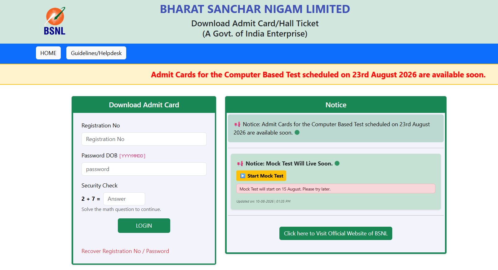 BSNL JTO Exam City Intimation Slip 2026