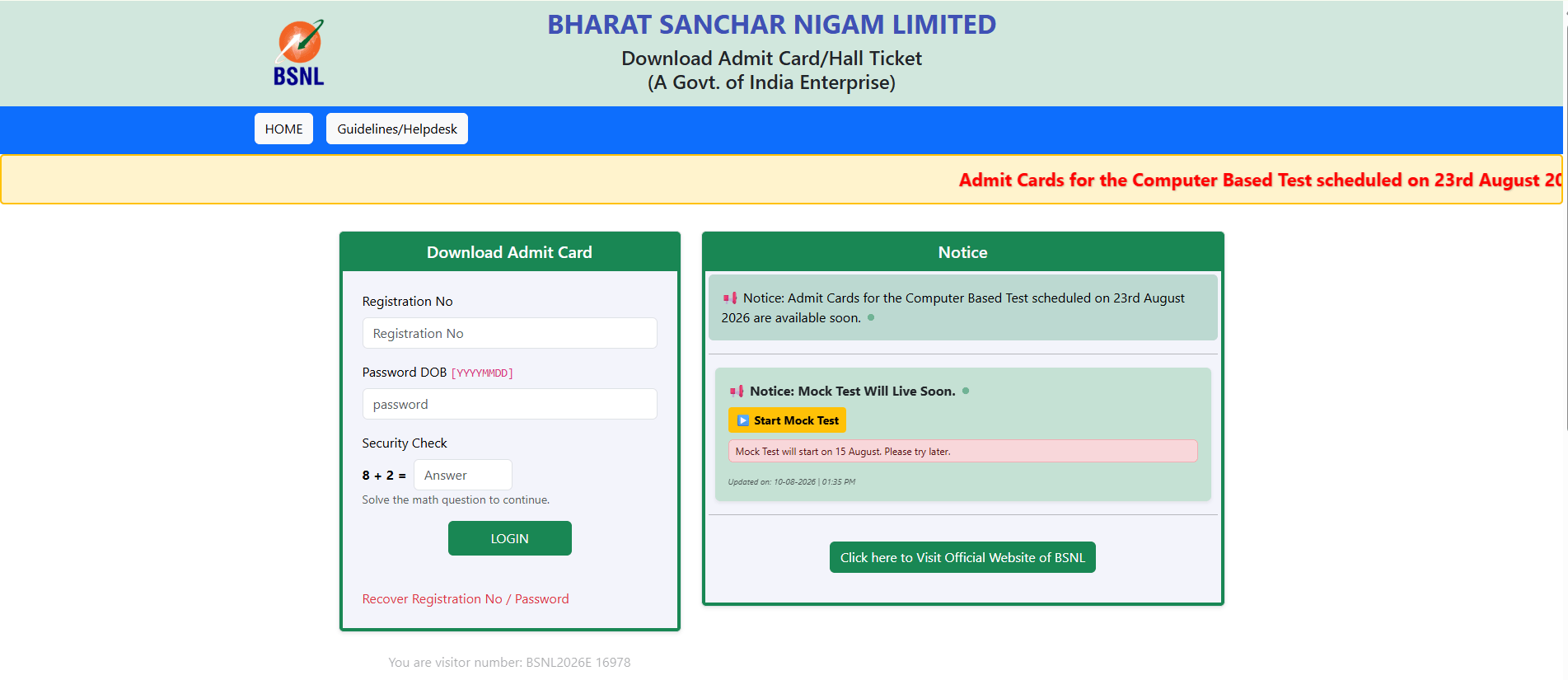 BSNL JTO Admit Card 2026