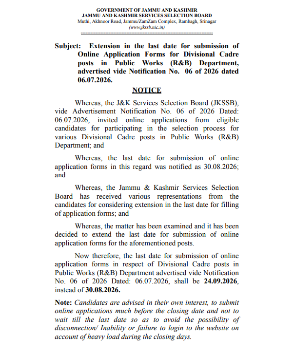 JKSSB PWD Recruitment 2026: 357 Works Supervisor & Draftsman Posts Application Deadline Extended Official Notice for JKSSB Recruitment 2026 Application Extension