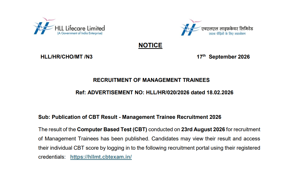 HLL MT Result 2026 Notice