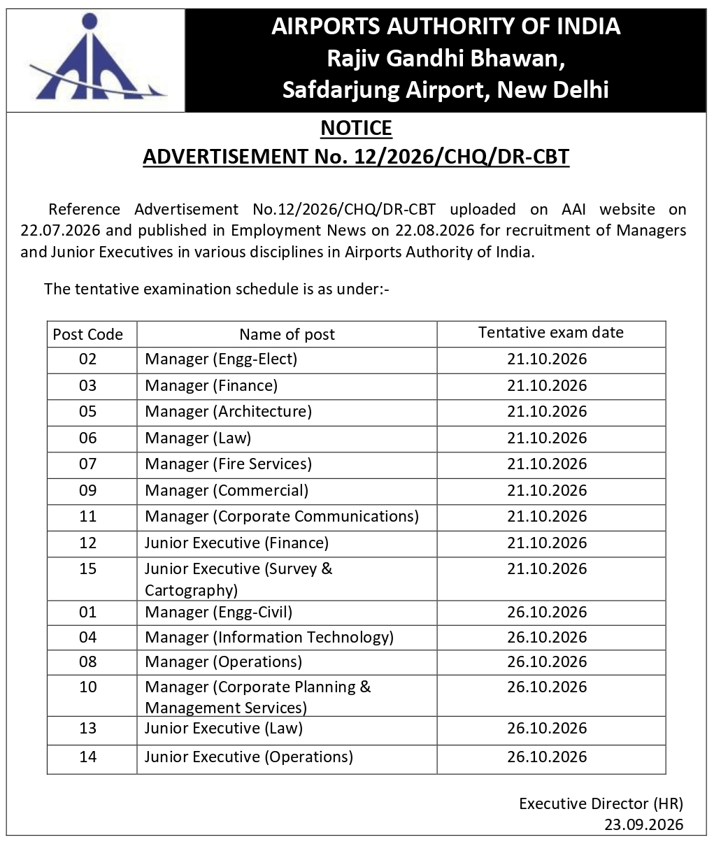 AAI Exam Date 2026 Out for Junior Executive & Manager, Check official Notice 4 AAI Exam Date Notice