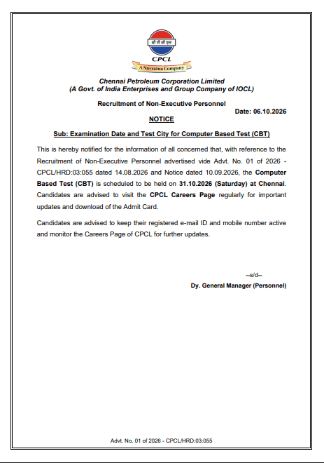 CPCL Junior Engineering Assistant Exam Date 2026, CBT Exam Scheduled on 31 October 4 Apply Online