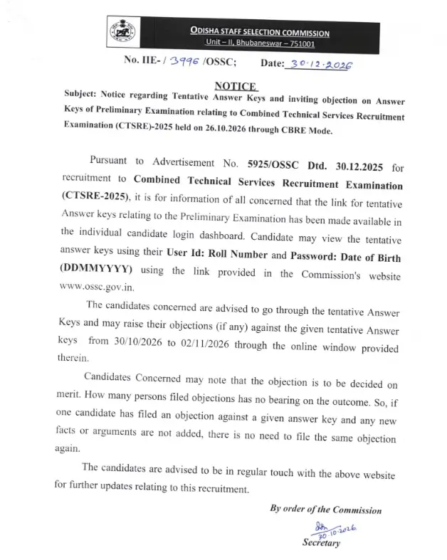 OSSC CTSRE Answer Key 2026 Release Notice