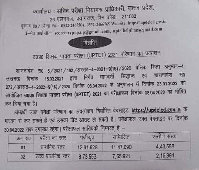 UPTET Result 2022 यहाँ से डाउनलोड कीजिये Direct Download Link @updeled.gov.in Live_40.1