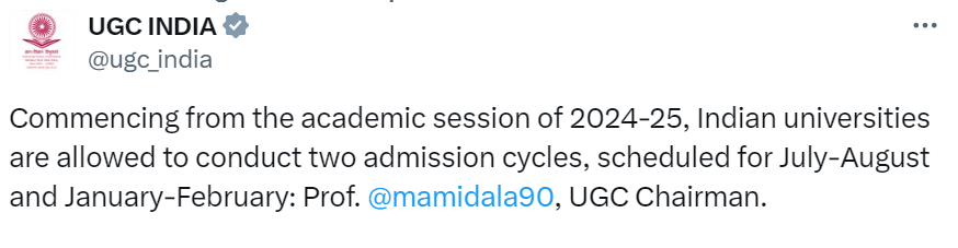 UGC Approves Biannual Admissions from Session 2024-25 in Indian Universities