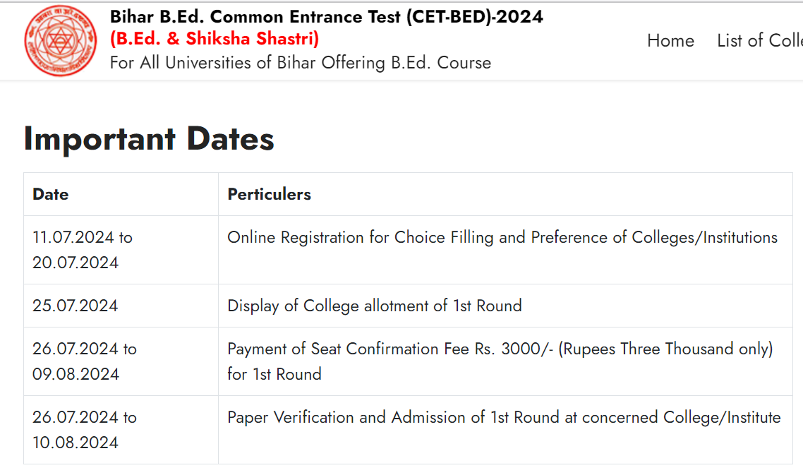 Bihar BEd Counselling Schedule
