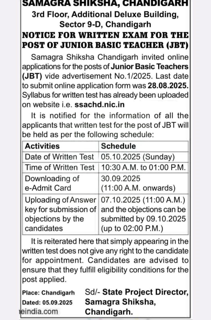 Chandigarh JBT Exam Date Out Notice