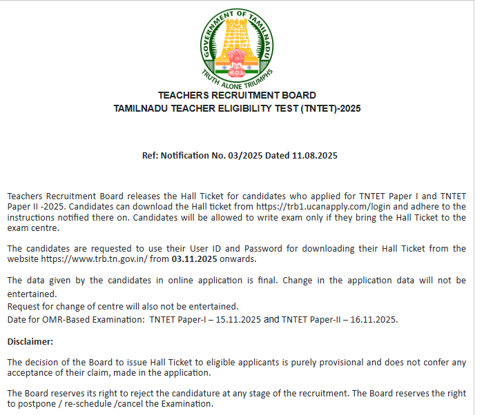 TNTET Hall Ticket 2025 Out @trb.tn.gov.in, Download Link Active_3.1