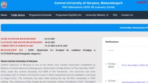 CU Haryana PhD Admission 2025-26, Seats, Fee, Apply link