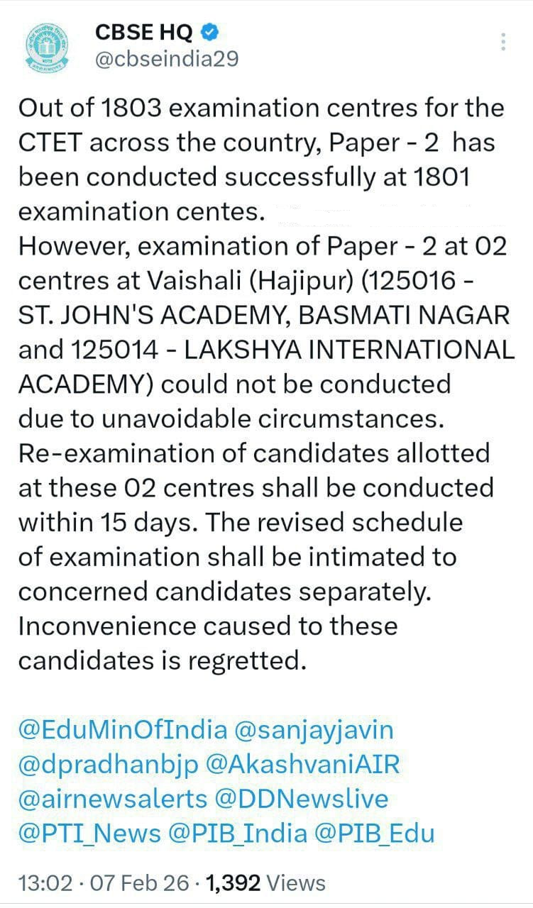 CTET 2026 Paper 2 Cancelled for Bihar Centres, Revised Exam Dates Within 15 Days Confirms CBSE_3.1