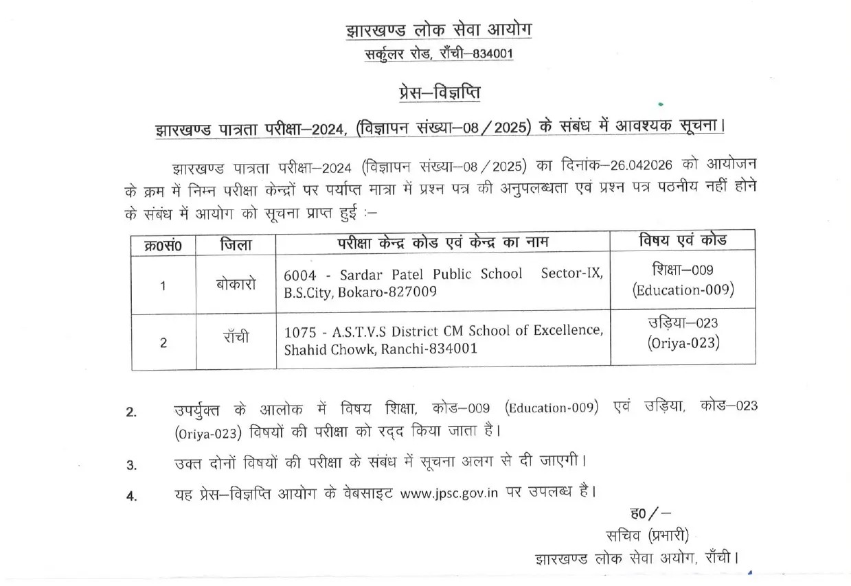 Jharkhand JET 2026 Exam Cancelled at Ranchi and Bokaro Centres after Paper Shortage_3.1