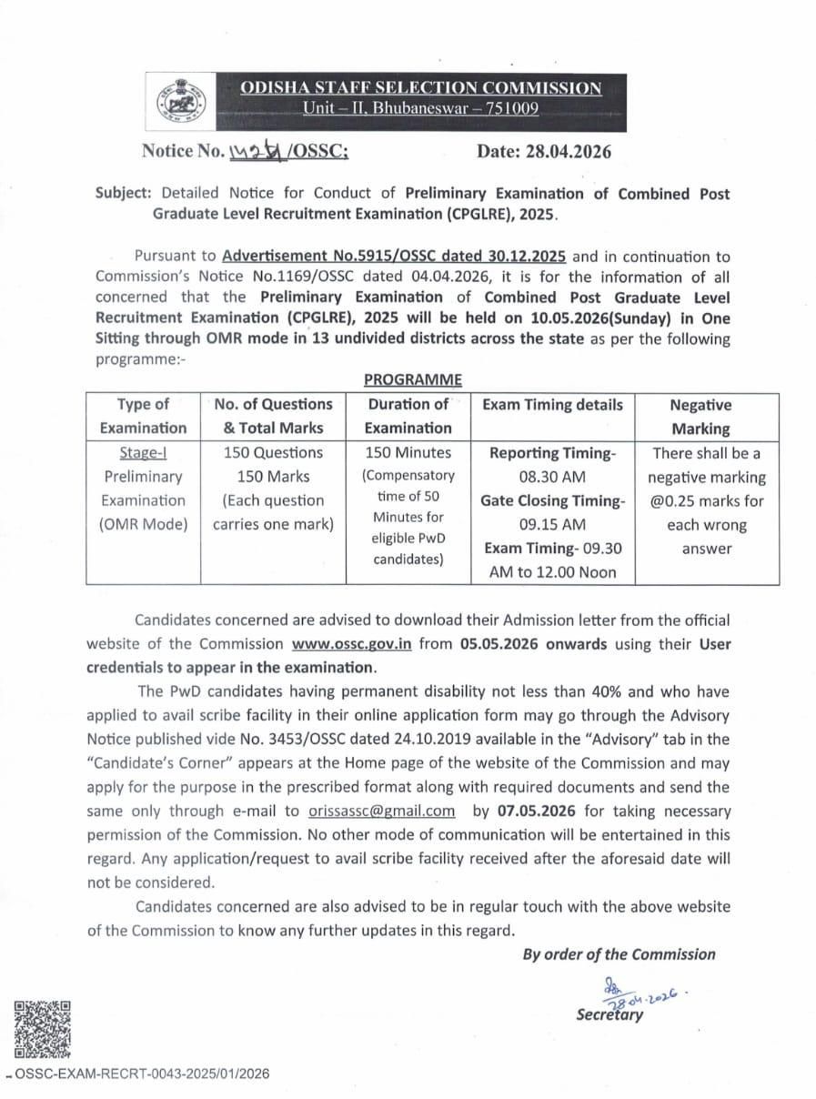 OSSC Combined Post Graduate Level (CPGL) Exam Date 2026 Out for 102 Posts_2.1