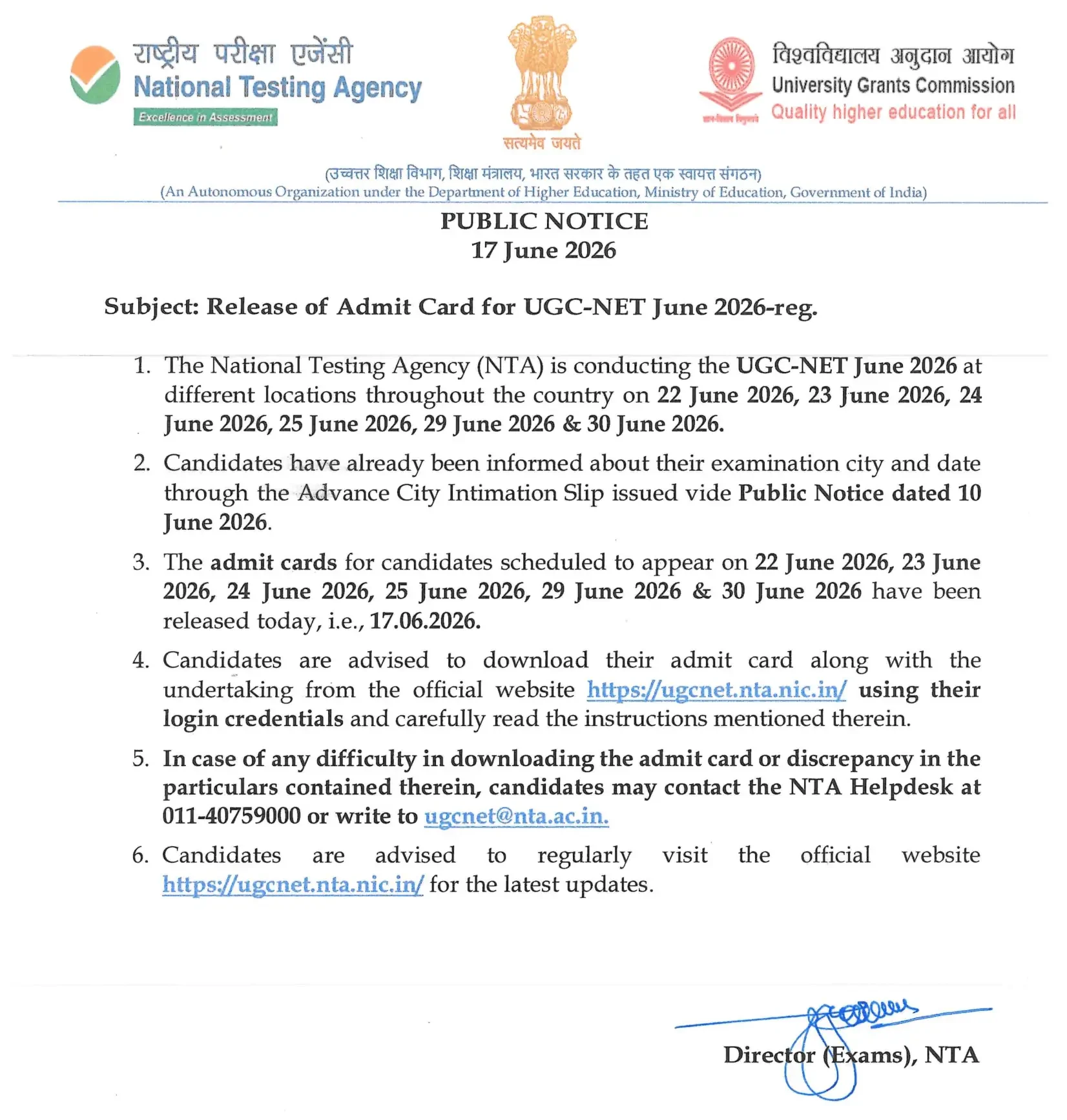 UGC NET Admit Card 2026 Notice
