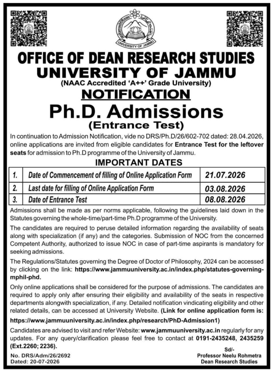 University of Jammu PHD Admission 2026, Apply Link, Exam Date_2.1