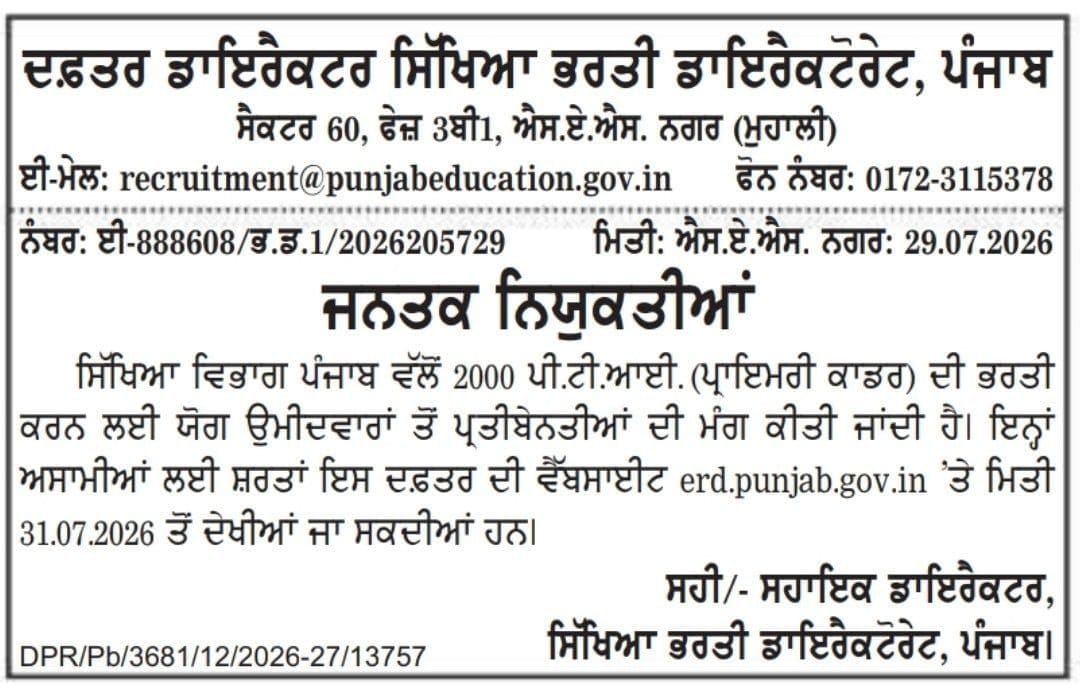 Punjab PTI PRIMARY Teacher Recruitment 2026 out for 2000 posts_2.1