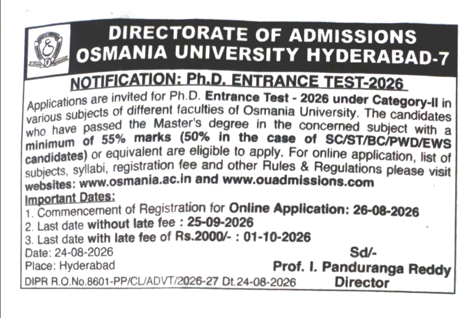 Osmania University PhD Admission 2026: Apply Date, Eligibility, Entrance Test, Selection Process and More_2.1