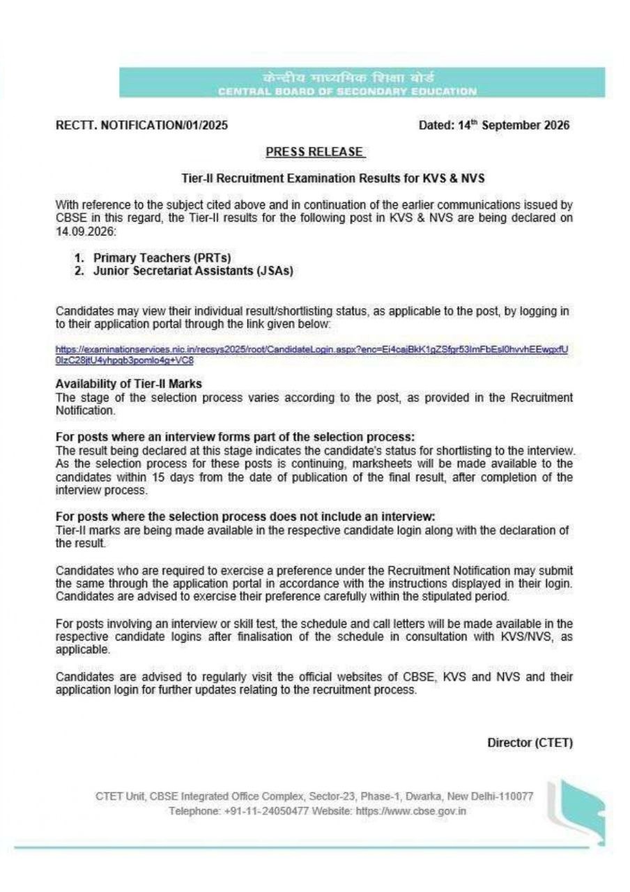 KVS NVS Tier 2 Result 2026 Out, Download Post Wise Merit List PDF_2.1