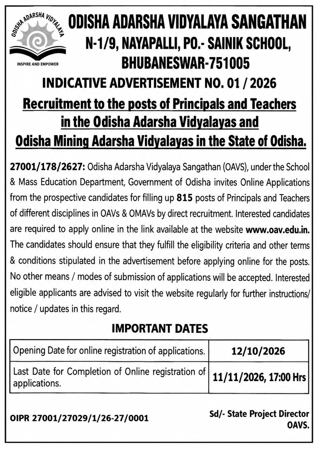 OAVS Teacher Recruitment 2026 Out, 815 Vacancies, Download Short Notice PDF_2.1