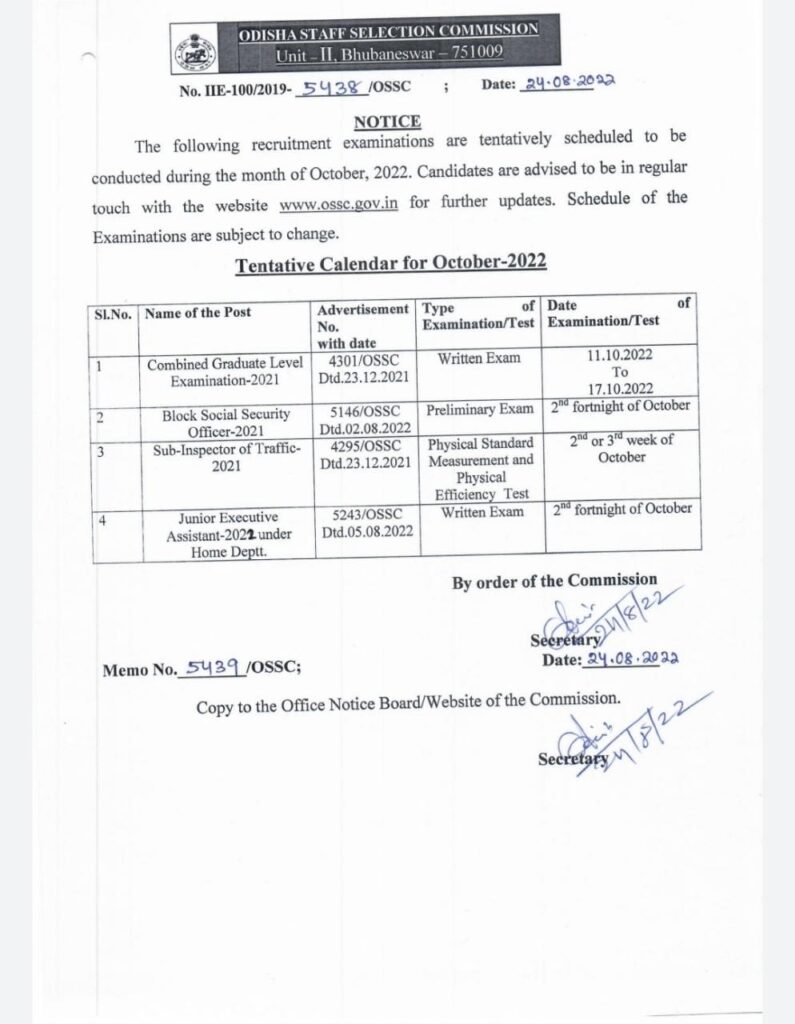 OSSC Exam Calendar 2022 For October