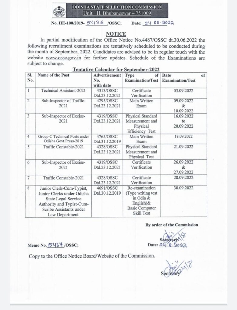 OSSC Exam Calendar September 2022