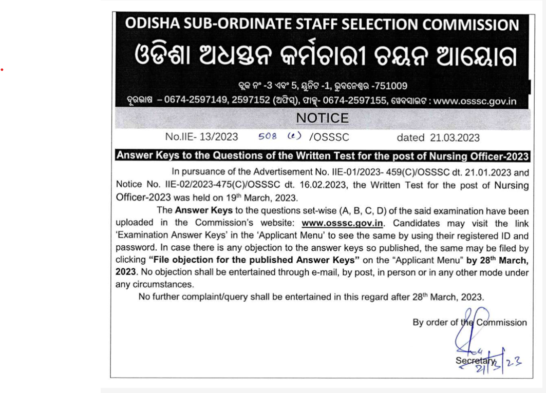 OSSSC Nursing Officer Answer Key 2023 Check Model Answer Key_3.1