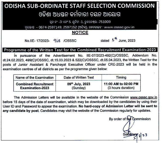 OSSSC PEO & JA Exam Schedule 2023