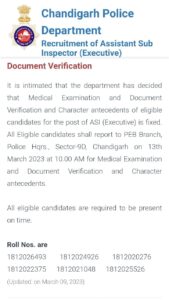 Chandigarh Police ASI Medical Exam and Document Verification 