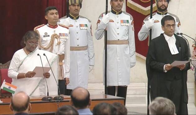 Justice D Y Chandrachud took over as the 50th Chief Justice of India Wednesday. In picture, President Droupadi Murmu administers the oath of office to the CJI. 