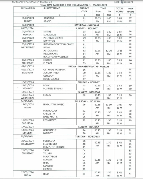 2nd PUC Time Table 2024 Out, Karnataka Annual Final 2PUC Exam Date 2024 -_3.1