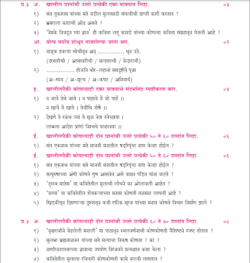 Maharashtra Board SSC Marathi Model Questions 2024