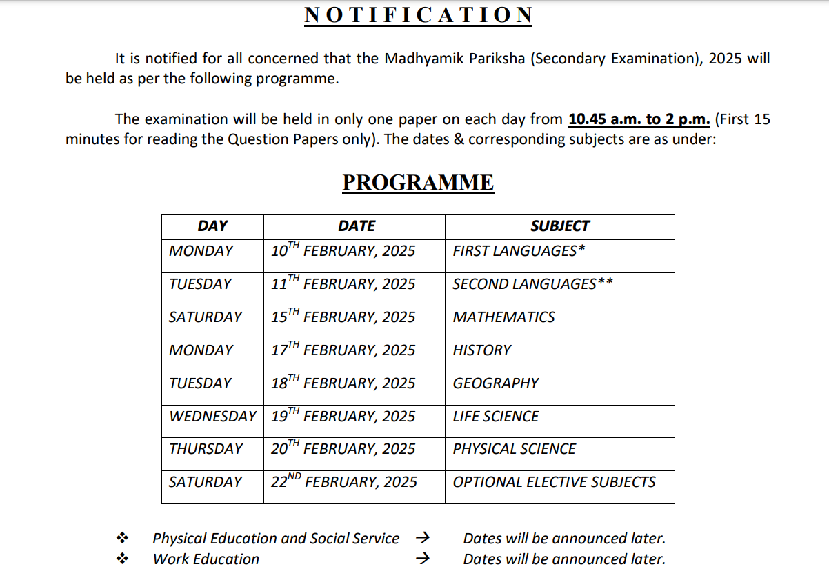 WBBSE Madhyamik Routine 2025
