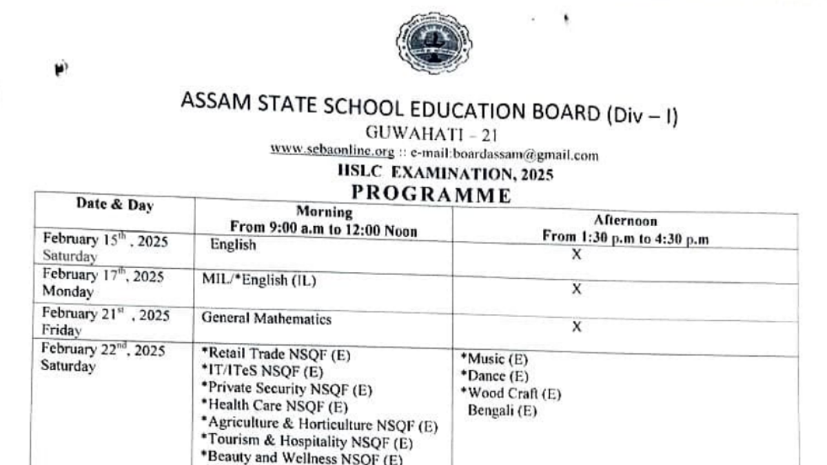 HSLC Routine 2025 OUT at Check SEBA 10th Exam Dates