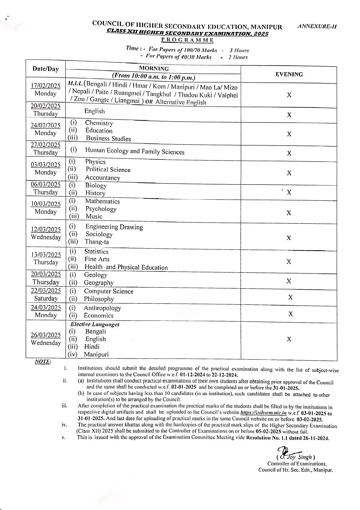 Manipur Board Class 12 Date Sheet 2025