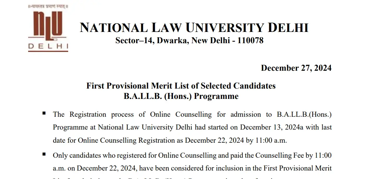 AILET 2025 First Merit List Announced at nationallawuniversitydelhi.in