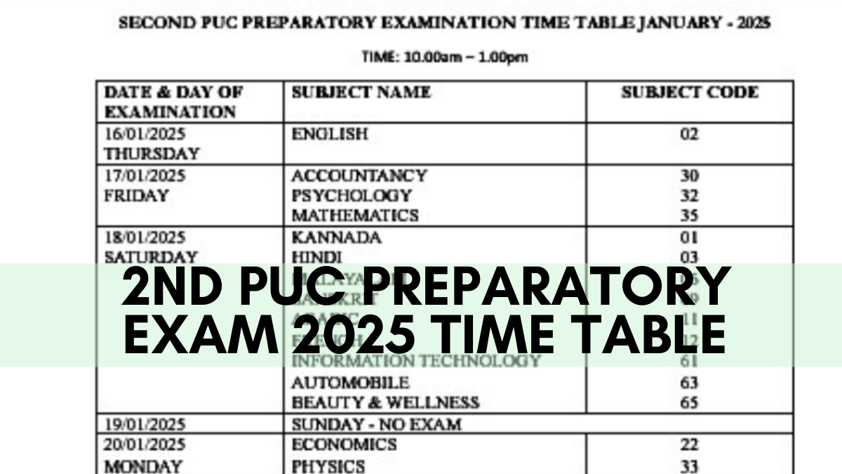 2nd PUC Preparatory Exam 2025 Time Table Pdf