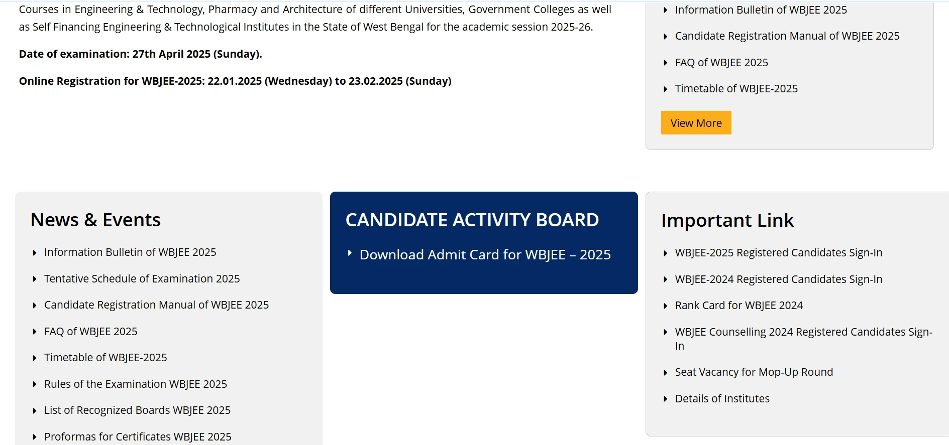 WBJEE Admit Card 2025 Home Page