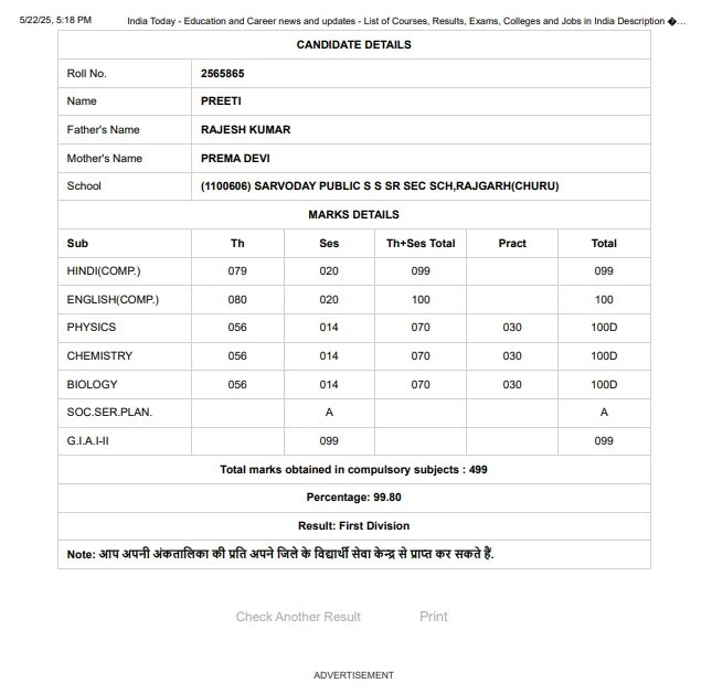 Rajasthan Board Class 12th Toppers List 2025 Marksheet Science