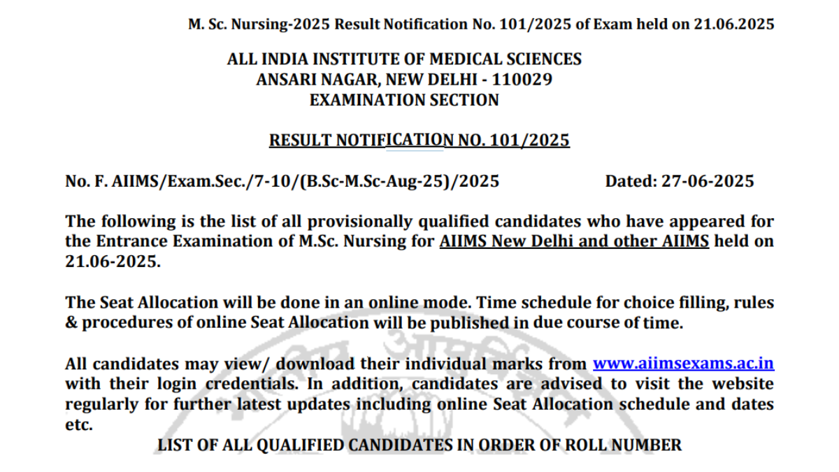 AIIMS MSc Nursing Result 2025