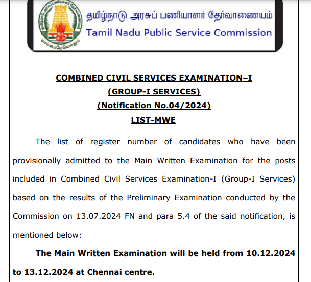 TNPSC Group 1 Mains Exam Date 2024 Out, CCSE Group 1 Exam Schedule, Hall Ticket_4.1