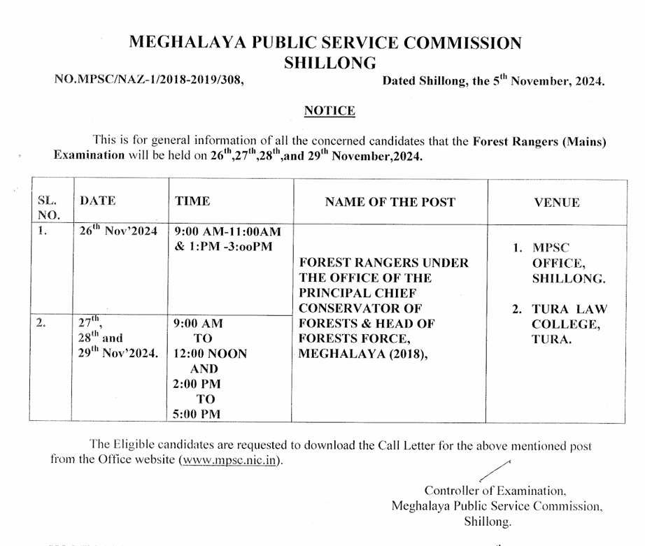 Meghalaya PSC Forest Ranger Mains Exam Date 2024, Download Admit Card_4.1