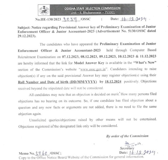 OSSC JEO And JA Answer Key 2024